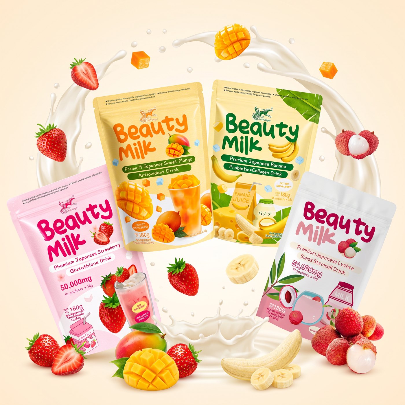 Glow & Co Beauty Milk — strawberry, mango, banana and lychee pouches